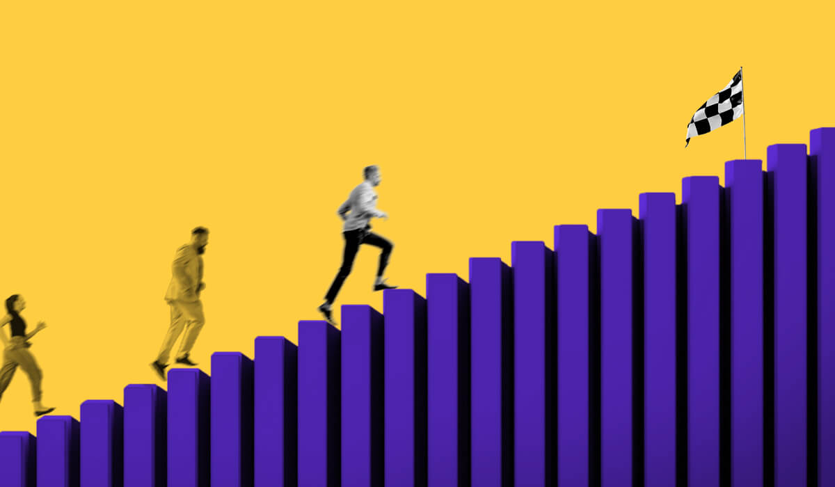 Business professionals climbing upward purple bars like stairs toward a checkered flag, symbolizing progress, productivity, and goal achievement.
