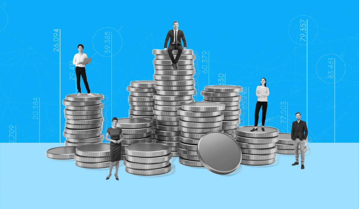 Stacks of coins with various employees standing on them to represent using salary benchmarking to make strategic compensation decisions.
