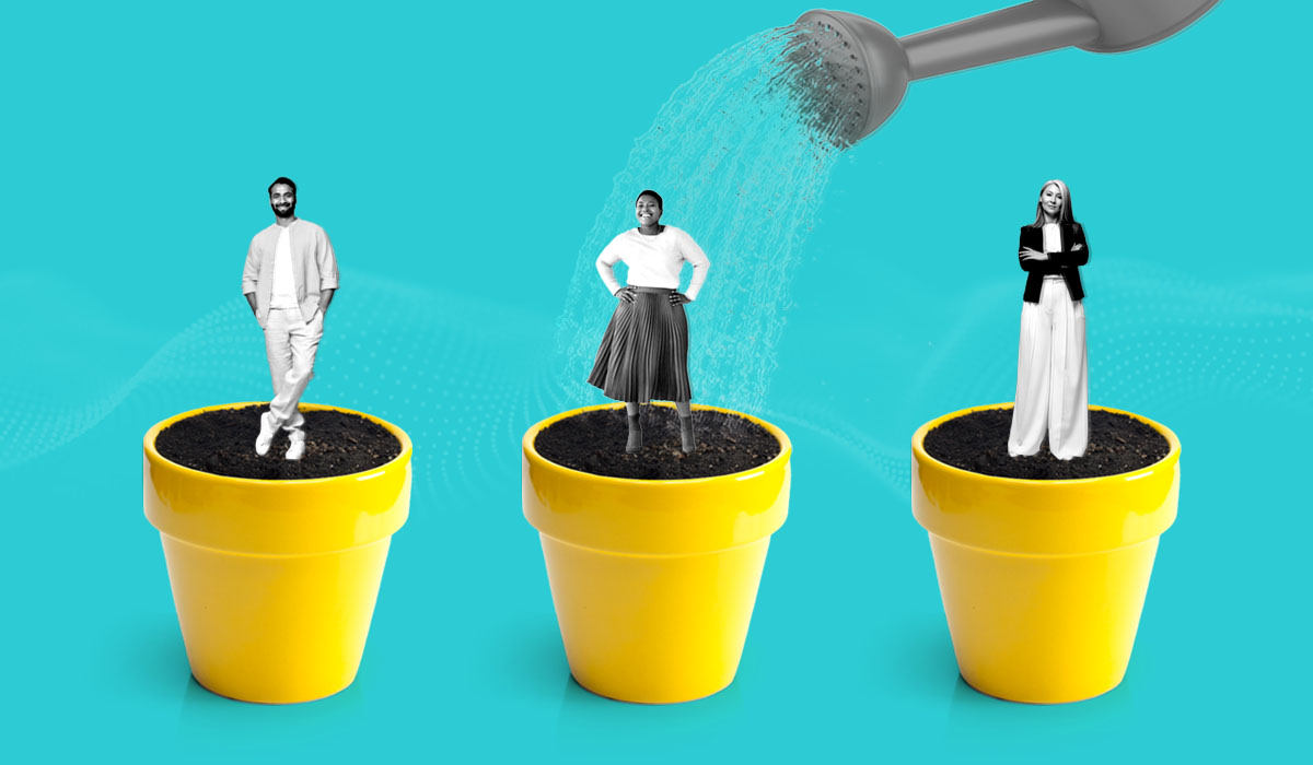 Three planter pots with employees below a watering can representing talent development.