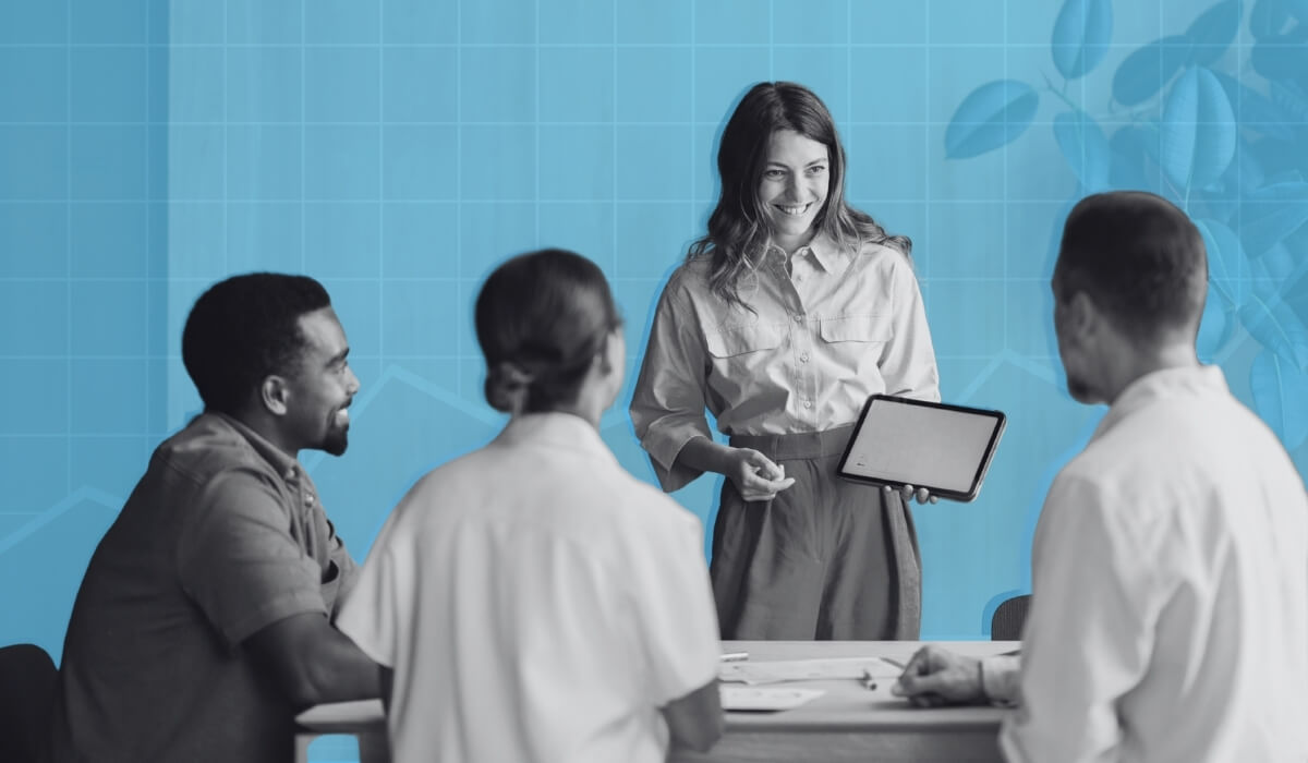 Design, Plan, Operate woman presenting to corporate employees