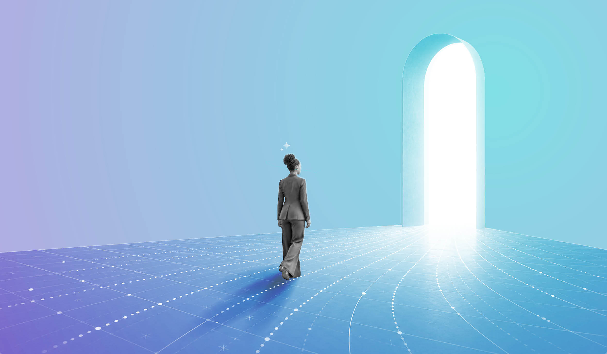 Corporate woman walking towards light open door