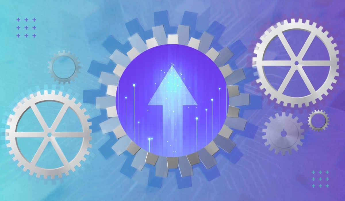 A blule and purple header image that features an arrow and gear wheels to represent increase productivity.