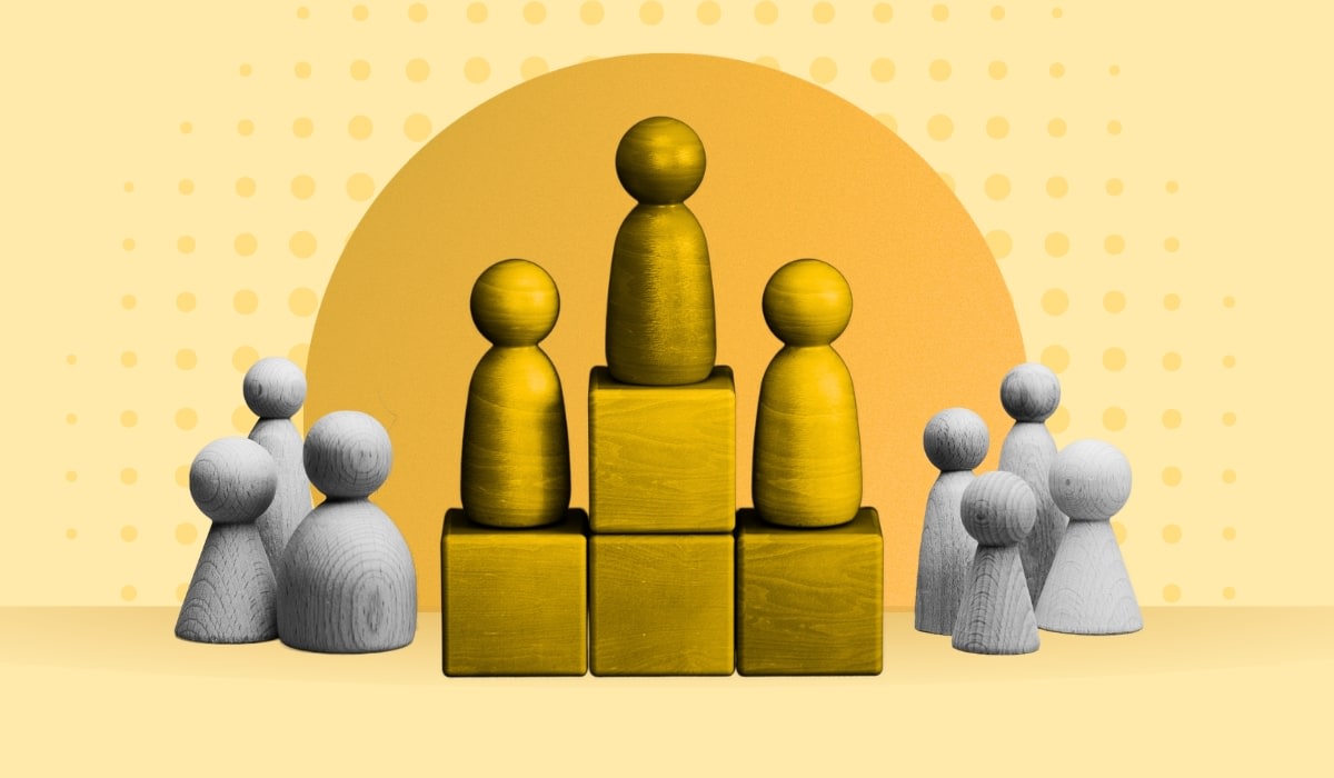 A collective of individuals balanced on wooden blocks representing net talent retention.