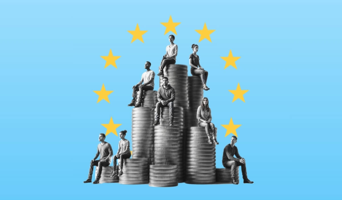Employees sitting on stacks of currency representing the new EU Pay Transparency Directive.