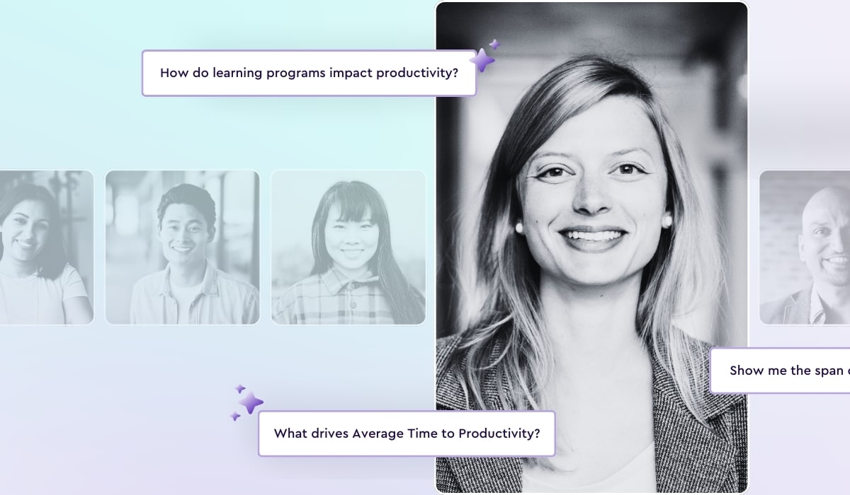 Vee can answer employee productivity quesitonsl ike what drives average time to productivity.