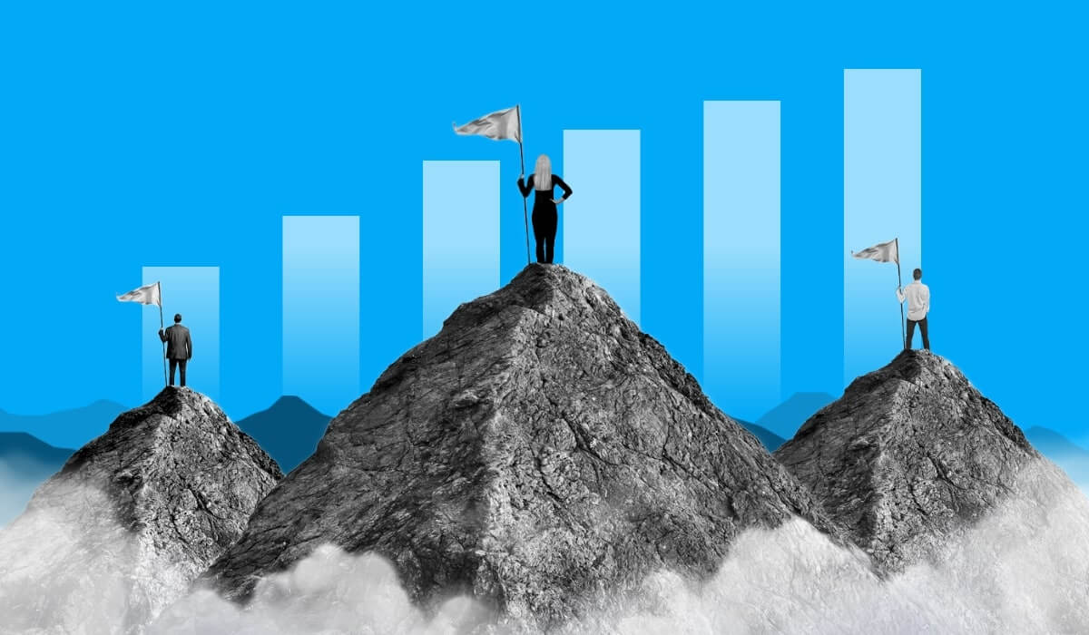 Three individuals standing on separate mountain peaks, each holding a flag, symbolizing success and achievement. A blue background features upward-growing bar graphs, representing growth and progress.