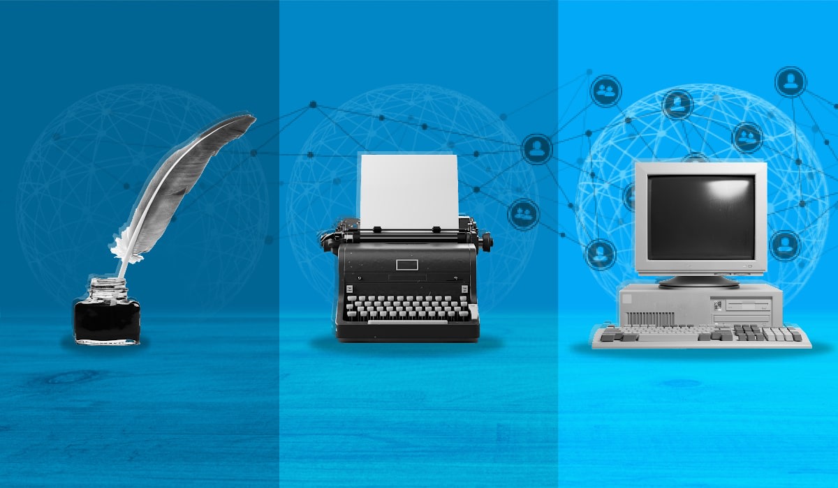 A quill pen, a typewriter, and a computer, representing the evolution of systemic HR.