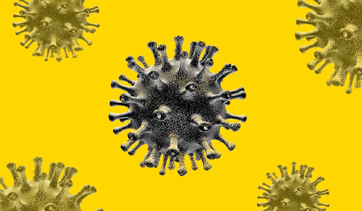 Pictures of bacteria on a yellow background representing the COVID-19 pandemic.