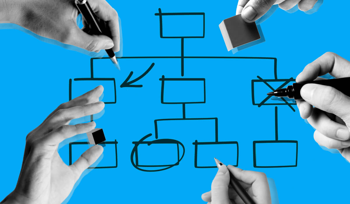An empty organizational chart with hands filling in squares representing the different types of movement that make up internal mobility.