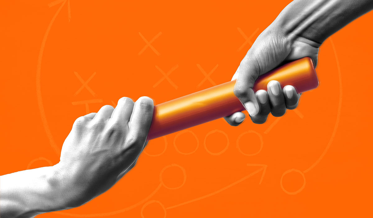 An orange background with two hands passing off a baton, signifying the handoff that results from succession planning.