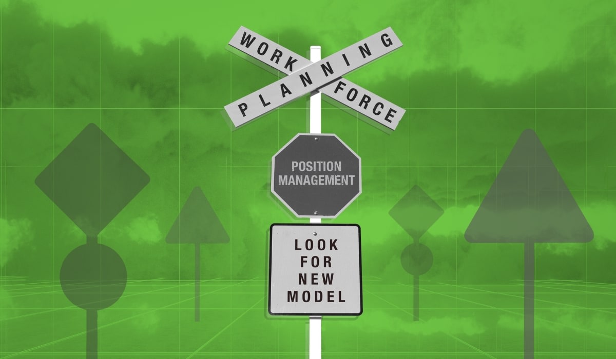 A blog header image showing different road signs signifying workforce planning paths. Position management is a stop sign.