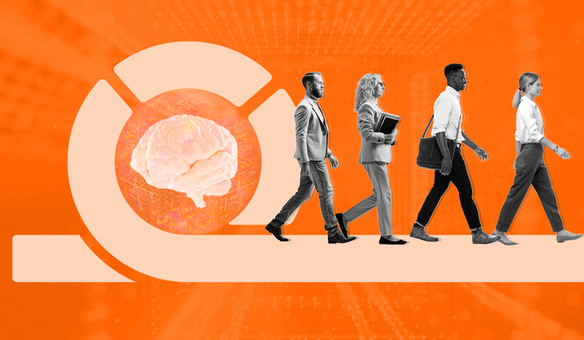 A brain at the center of a path with employees walking along it, representing skills intelligence and the employee lifecycle