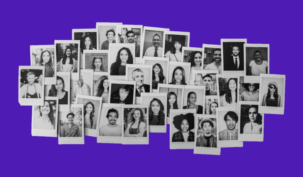 A collage of diverse employees on a purple background.