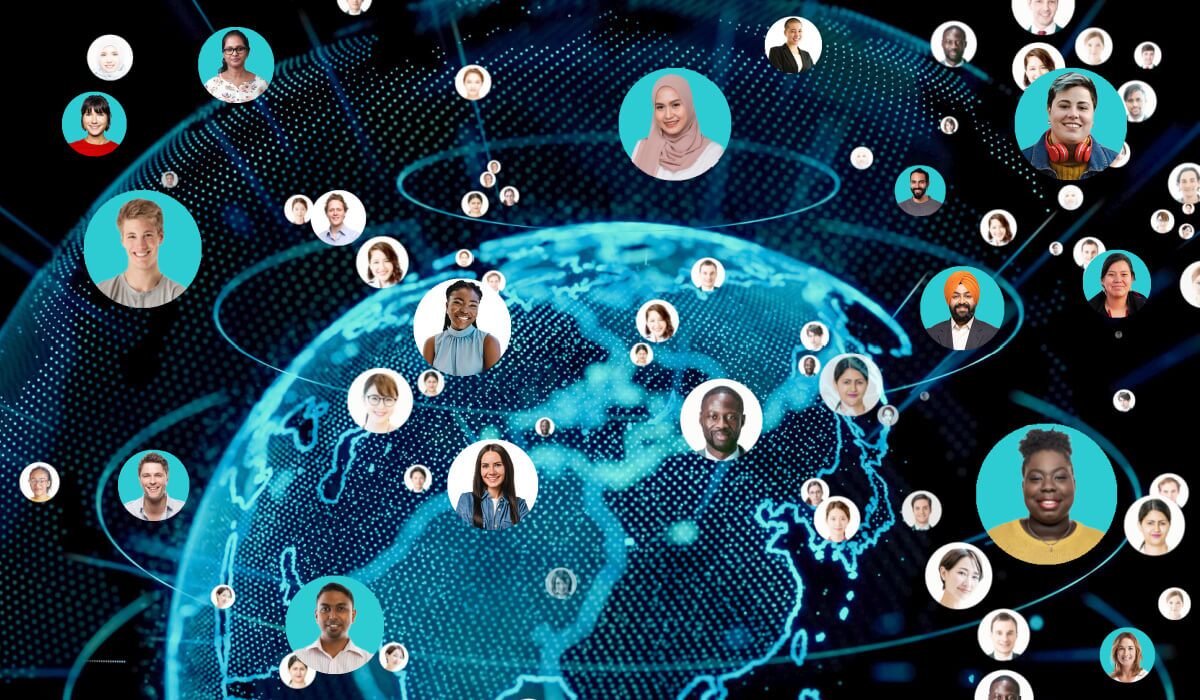 Globe surrounded by employee headshots with links connecting them, signifying the connection of HR data