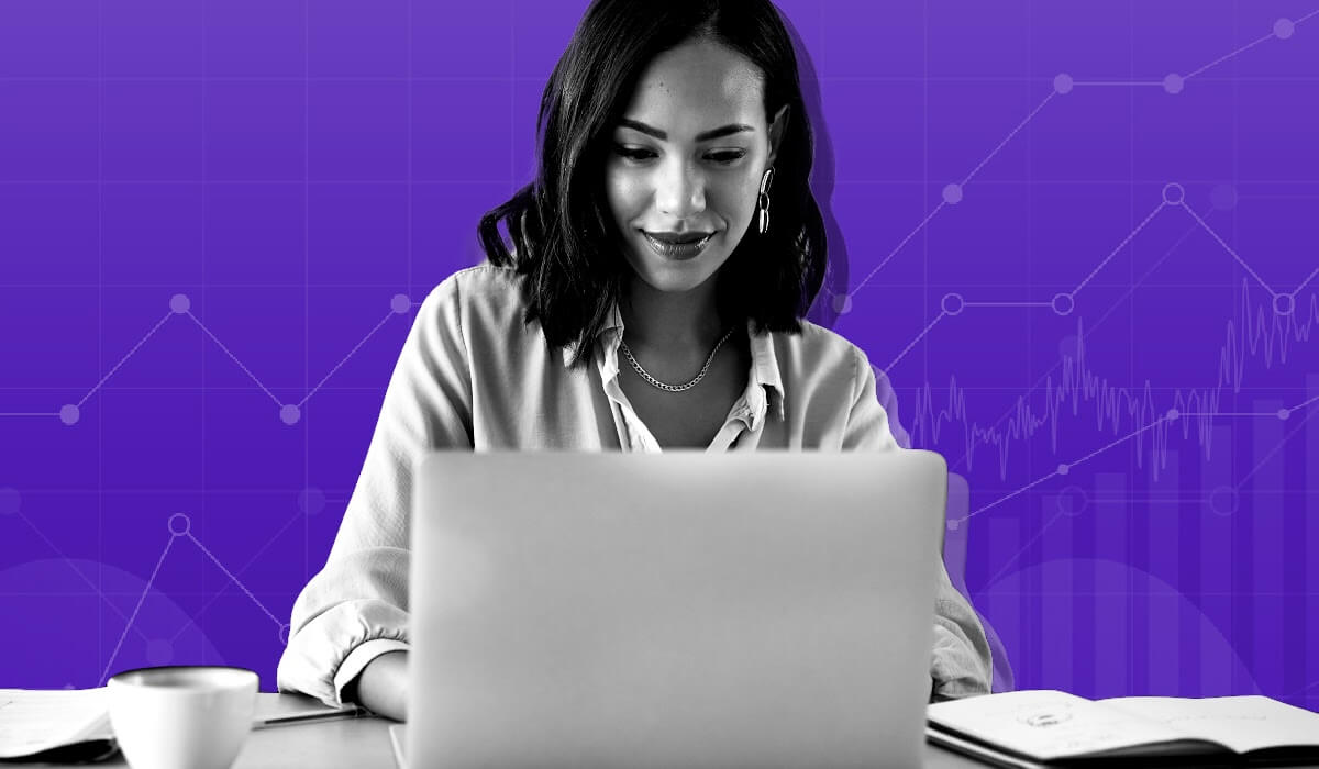 Woman at a laptop looking at talent acquisition metrics with a purple background overlayed with charts and graphs