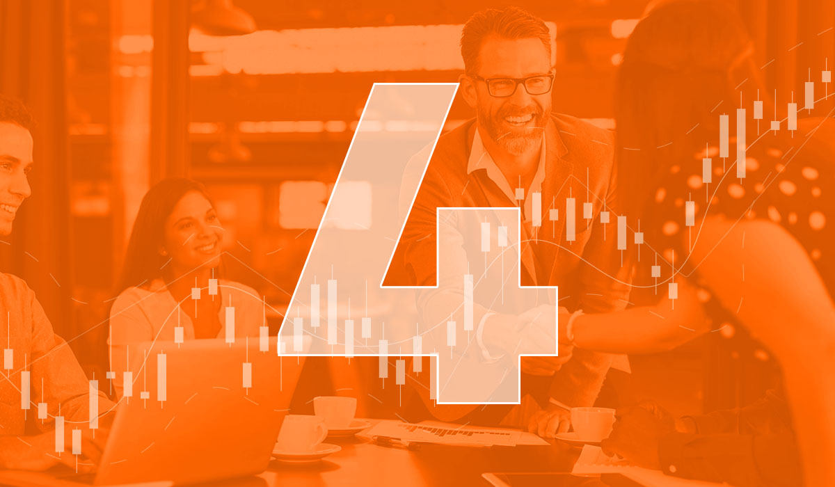 Employees happily collaborating overlayed by images of data connections and the number 4 representing the four HR metrics your HRIS software should track.