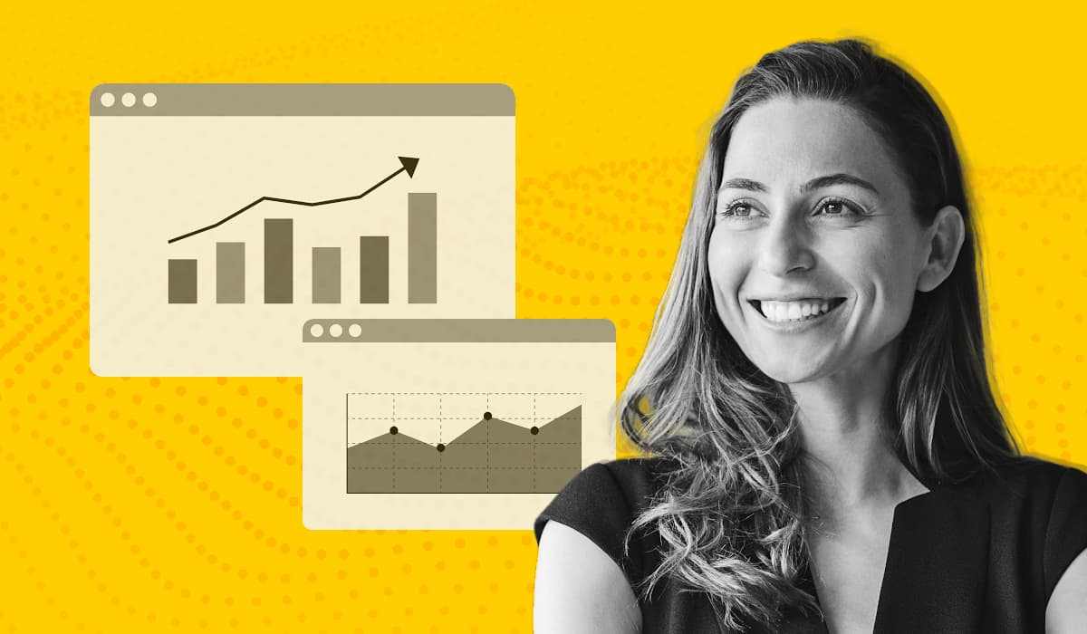 Woman smiling next to two charts