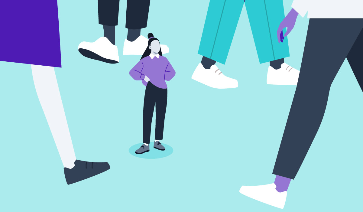 Illustration of big shoes walking by a small Gen Z woman at her first job