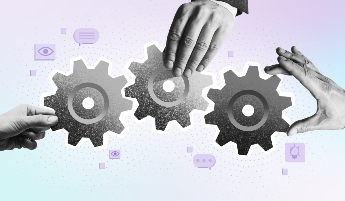 Hands uniting gears, with surrounding icons illustrating concepts of workforce collaboration and Agentic AI