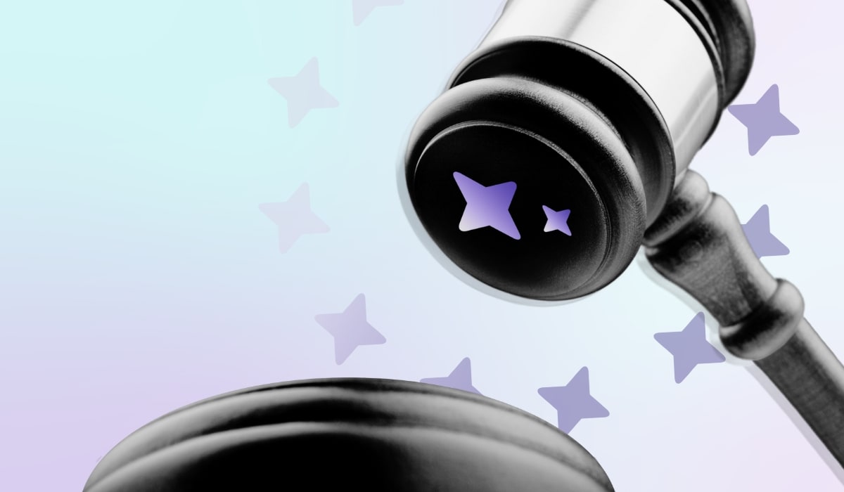A black gavel with a star-shaped design, set against a pastel gradient background, symbolizing AI regulation and compliance in decision-making and governance