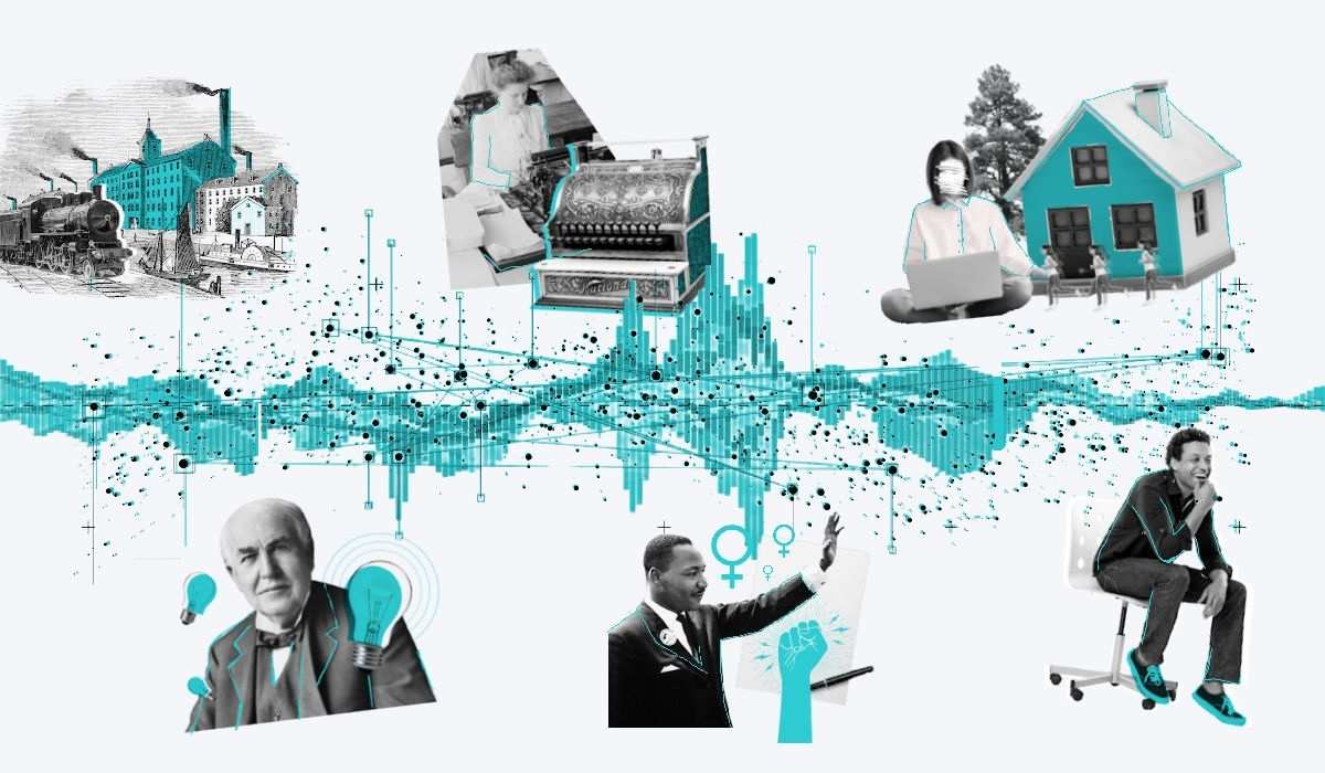 A collage showcasing the timeline of human resources, from industrial practices to modern remote work and analytics, highlighting key milestones in its history.