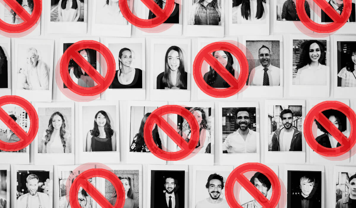A wall of polaroids of employees with red circles over some of them, representing layoffs and RIFs.