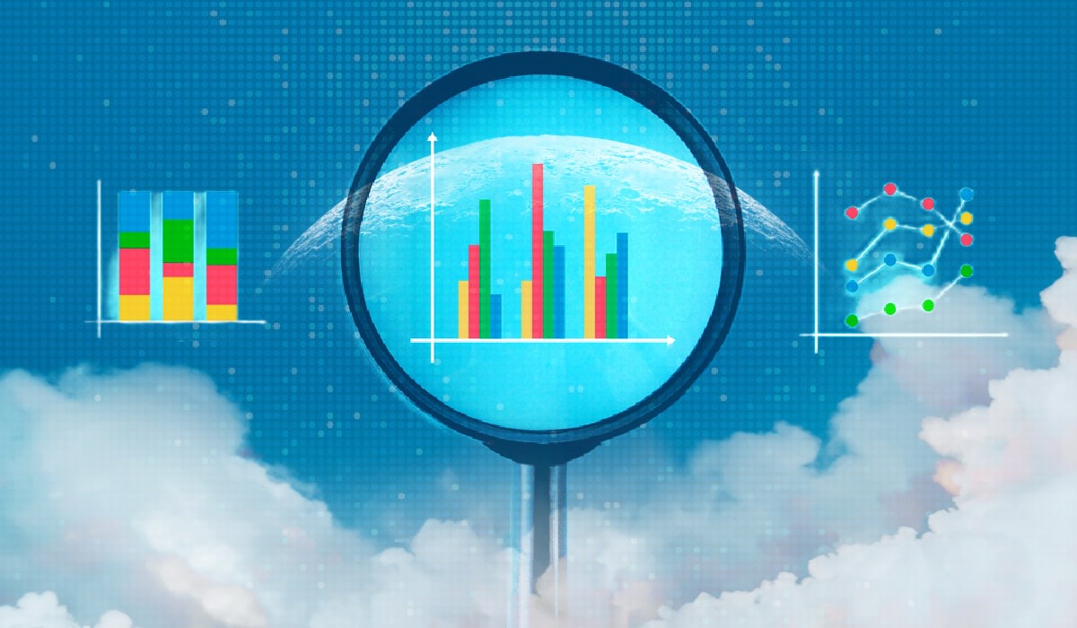 A magnifying glass hovering over different chart types representing HR data transformation.