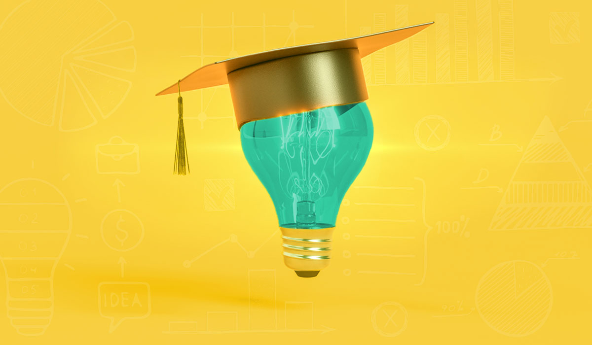A lightbulb wearing a graduation cap with a yellow background of charts, graphs, and equations