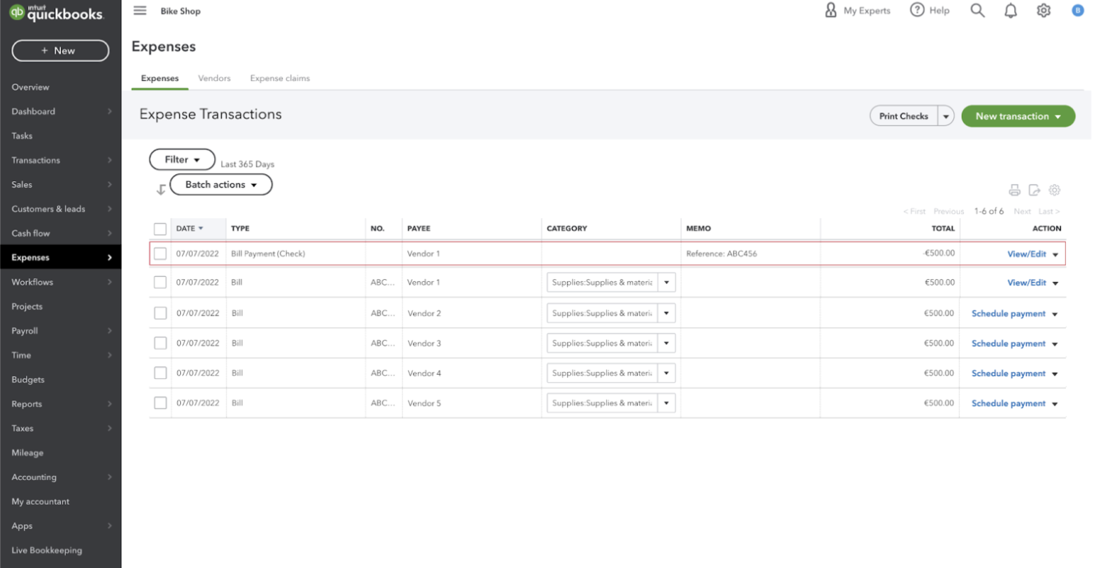 QuickBooks: Example bill payment 2