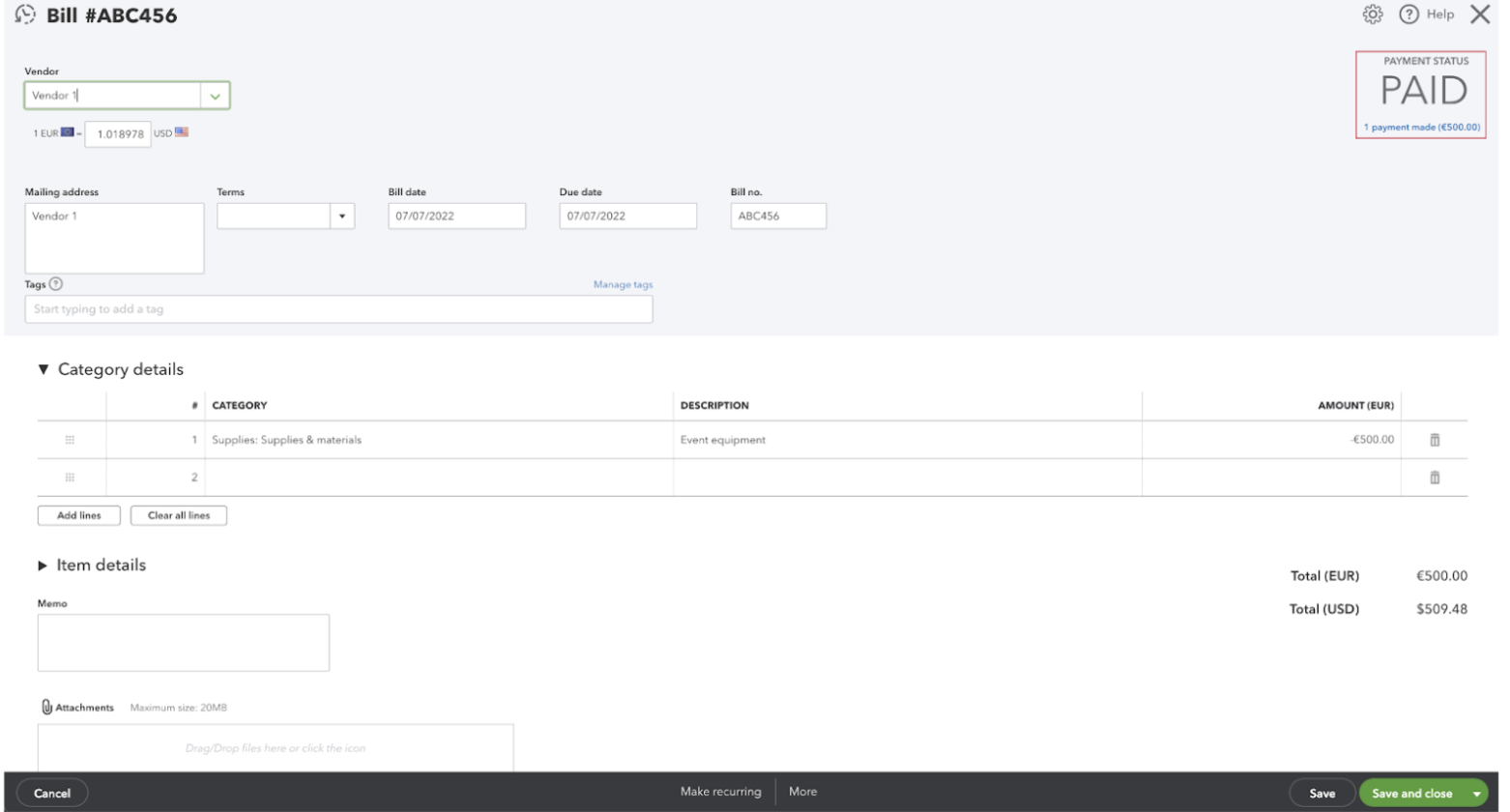 QuickBooks: Example bill payment 3