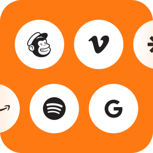 Linktree has extensive integrations with all social profiles. Mailchimp, Vimeo, Spotify & Google logos in orange background