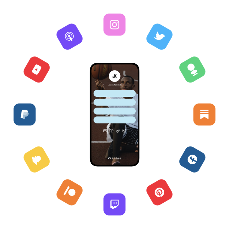 A phone showing a Linktree, surrounded by icons of all of the different integrations NCAA and professional athletes can use to get paid and get seen – from Youtube to Twitter to Paypal and more. 
