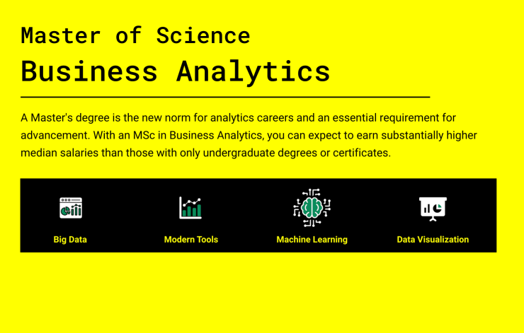 A Master's degree is the new norm for analytics careers and an essential requirement for advancement. With an MSc in Business Analytics, you can expect to earn substantially higher median salaries than those with only undergraduate degrees or certificates.