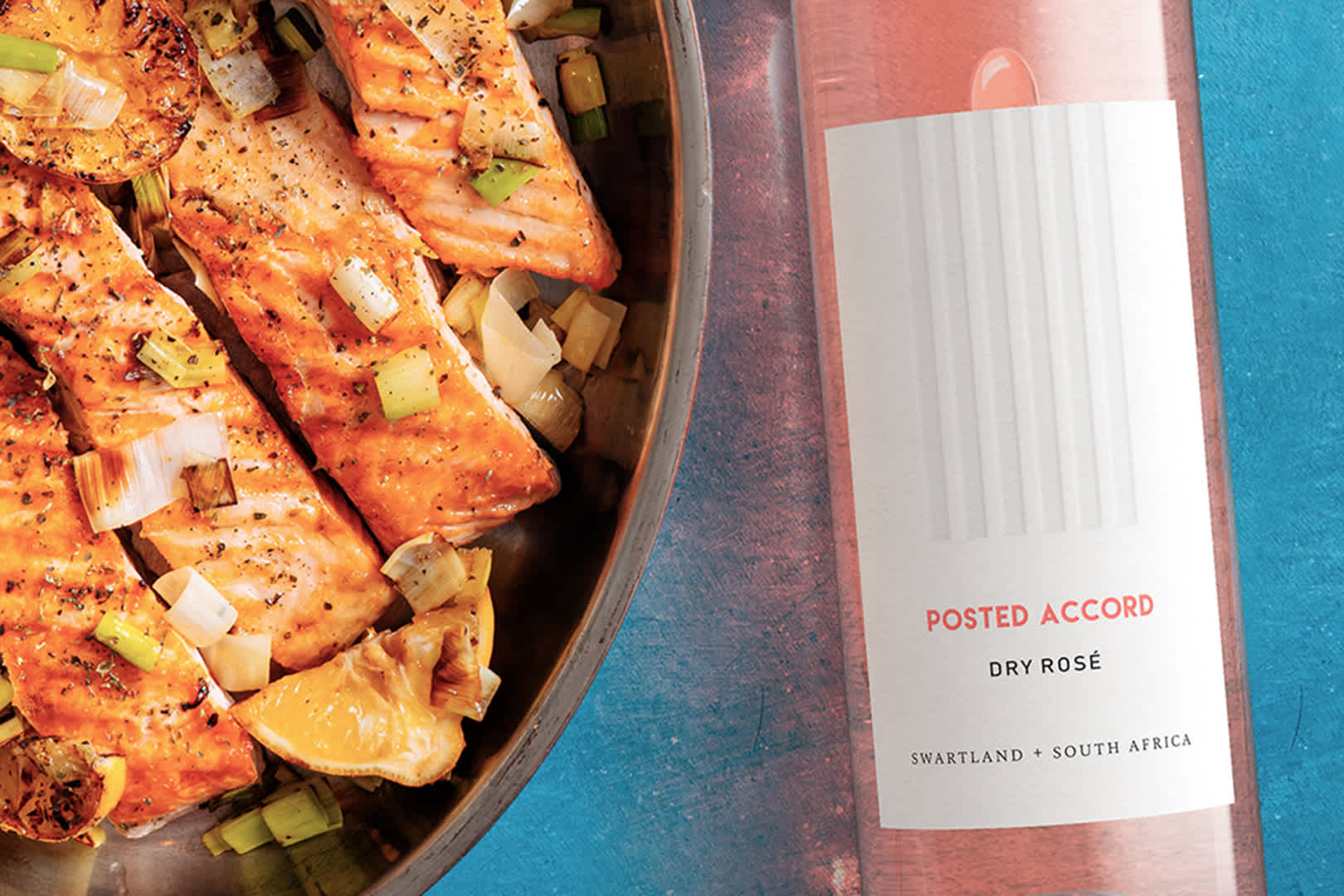Fuller-bodied rosé styles like our plump and fruity Posted Accord Dry Rosé perfectly complement baked salmon.