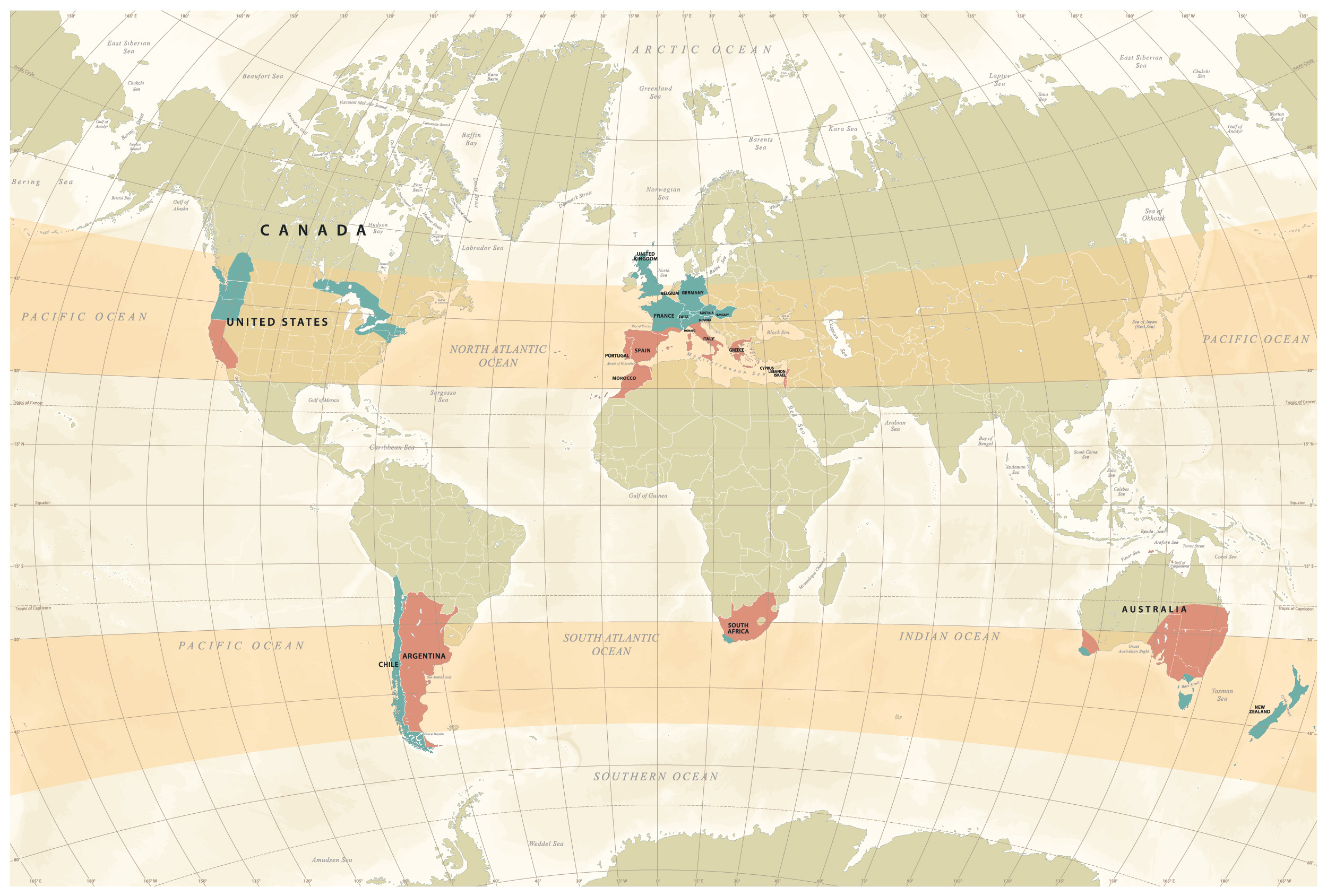Warm and cool wine region map
