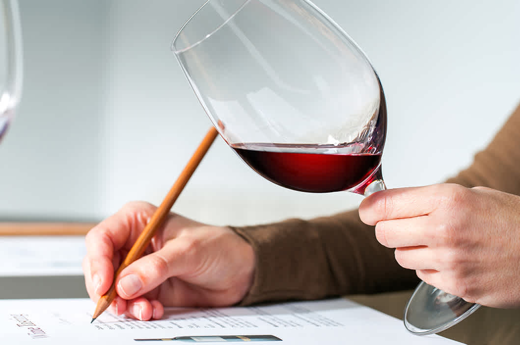 Hands holding a wine glass and a pencil