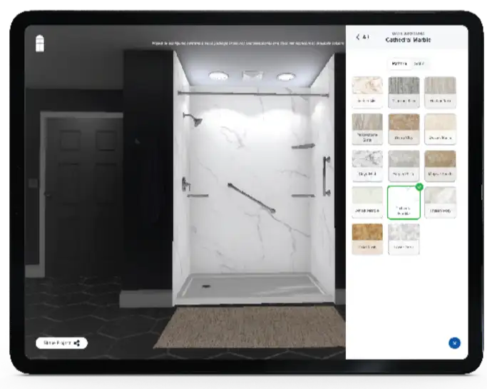 iPad image of a bath visualizer with shower wall options.