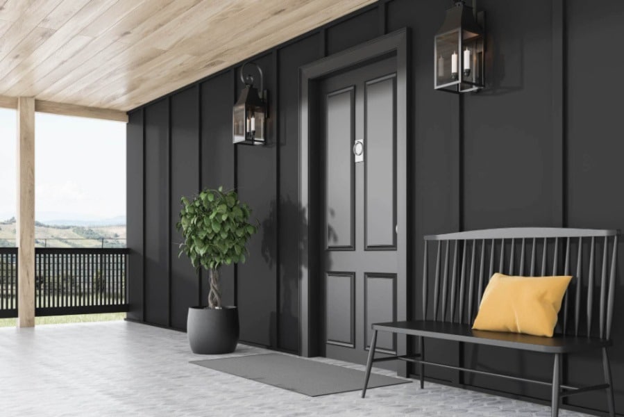 An ultra-modern, all-black front entryway.