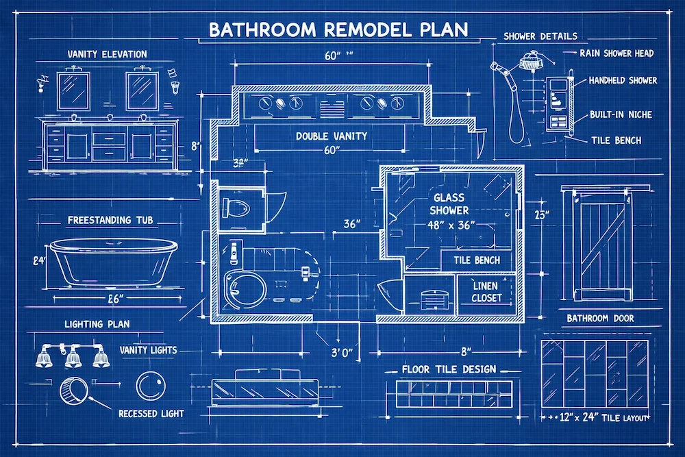 A blueprint of a professional bathroom remodel.
