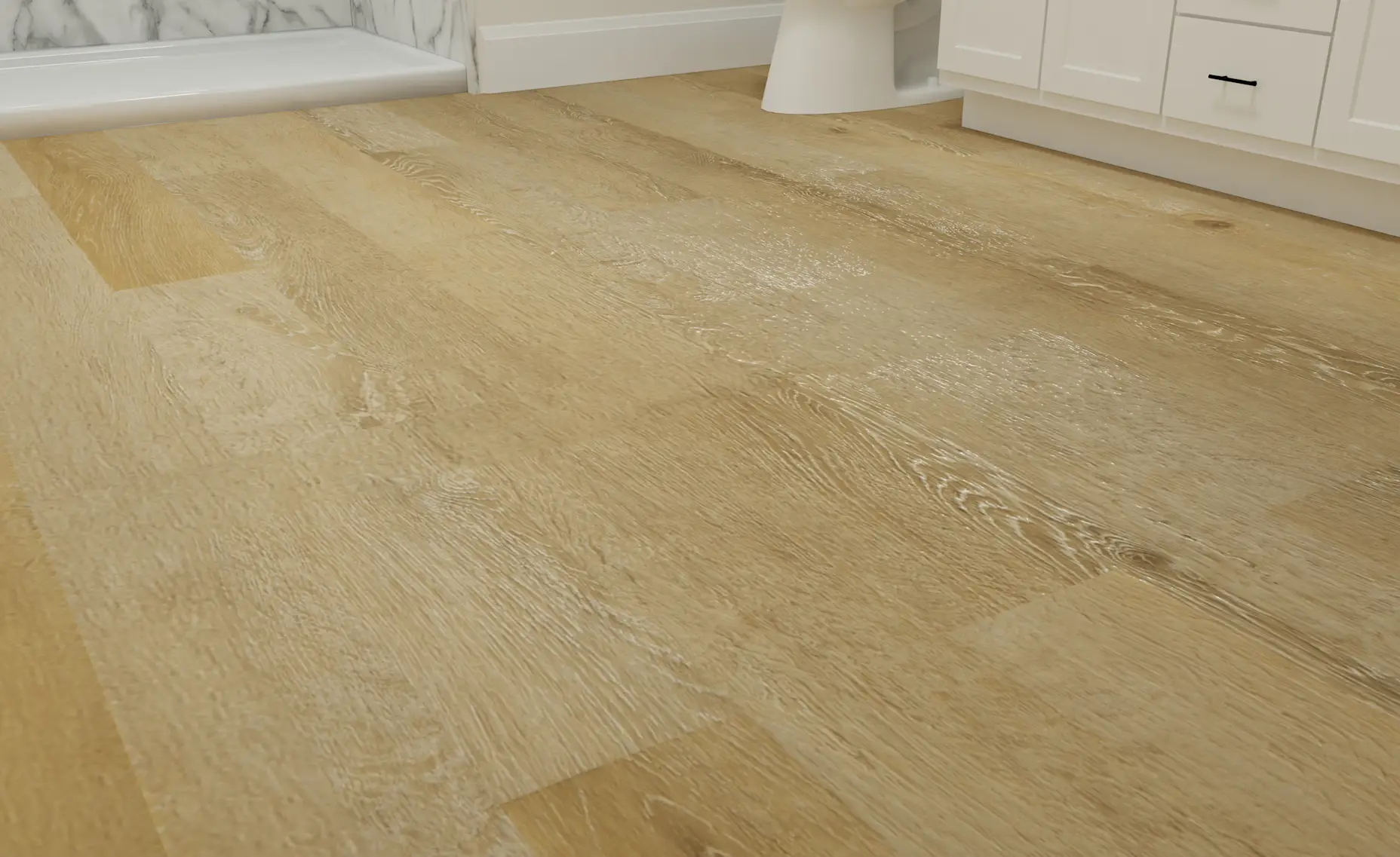 A close up view of neutral vinyl plank flooring in a bathroom.