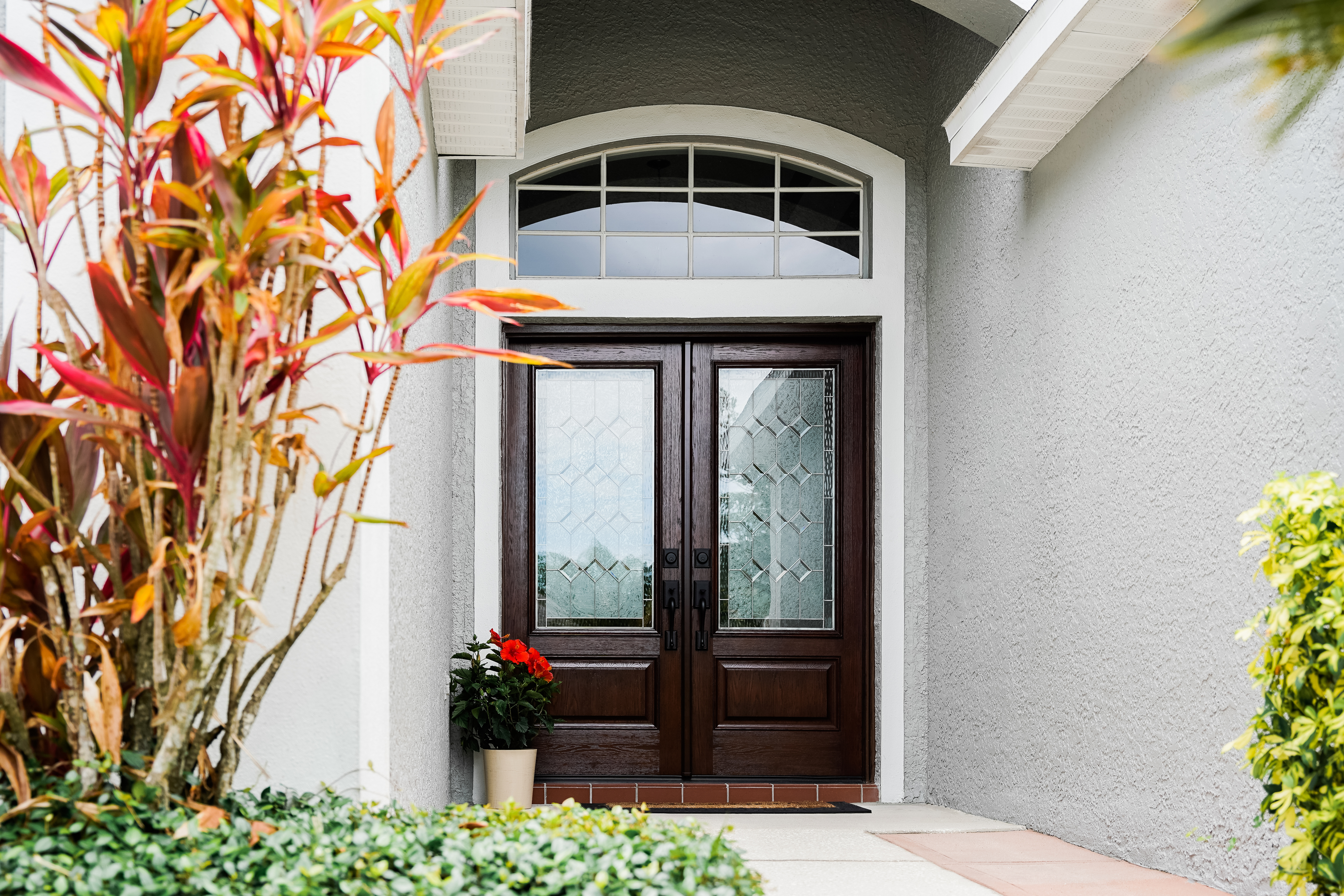 Oak French doors with decorative glass