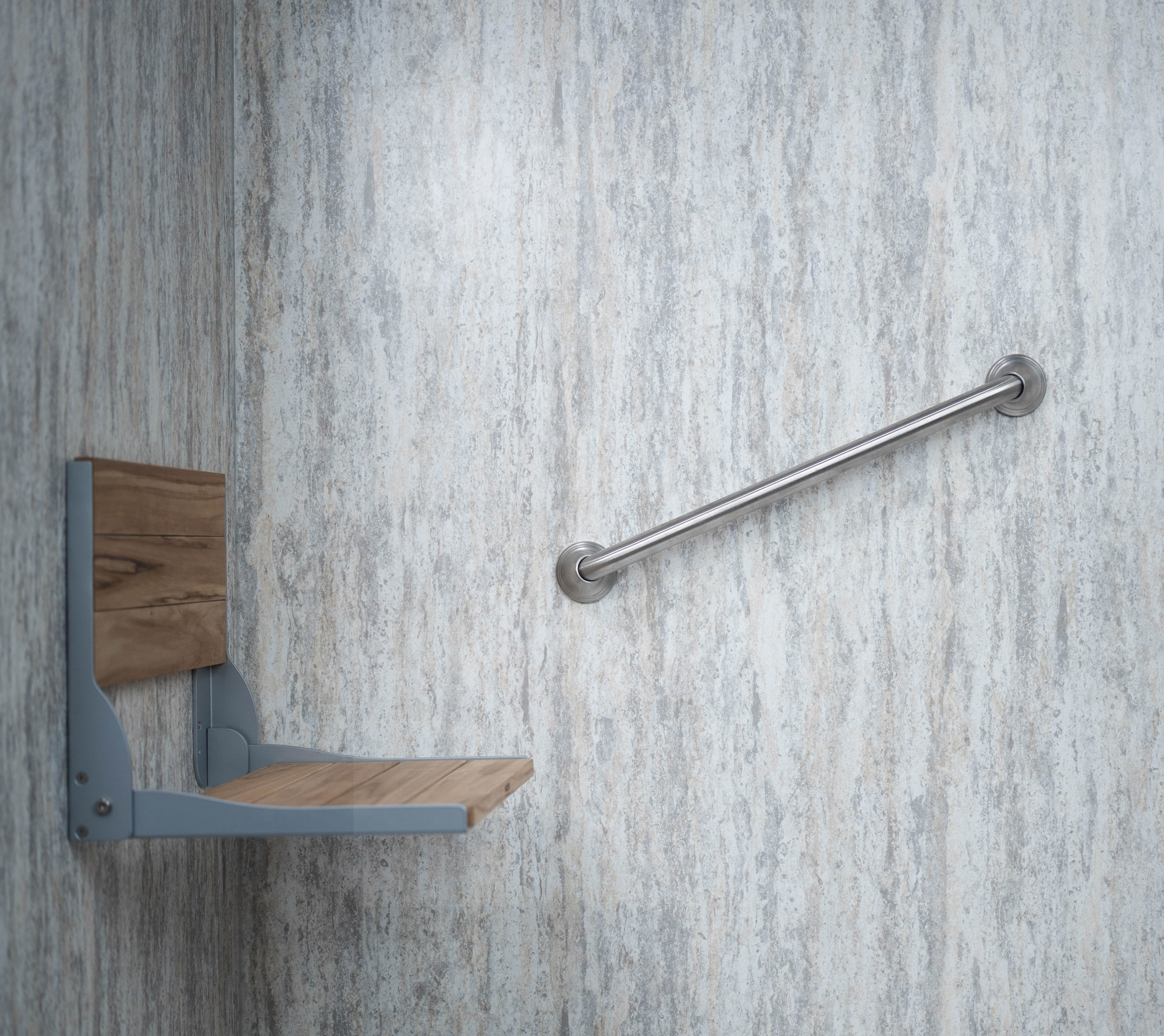 Light toned walk-in shower with seat