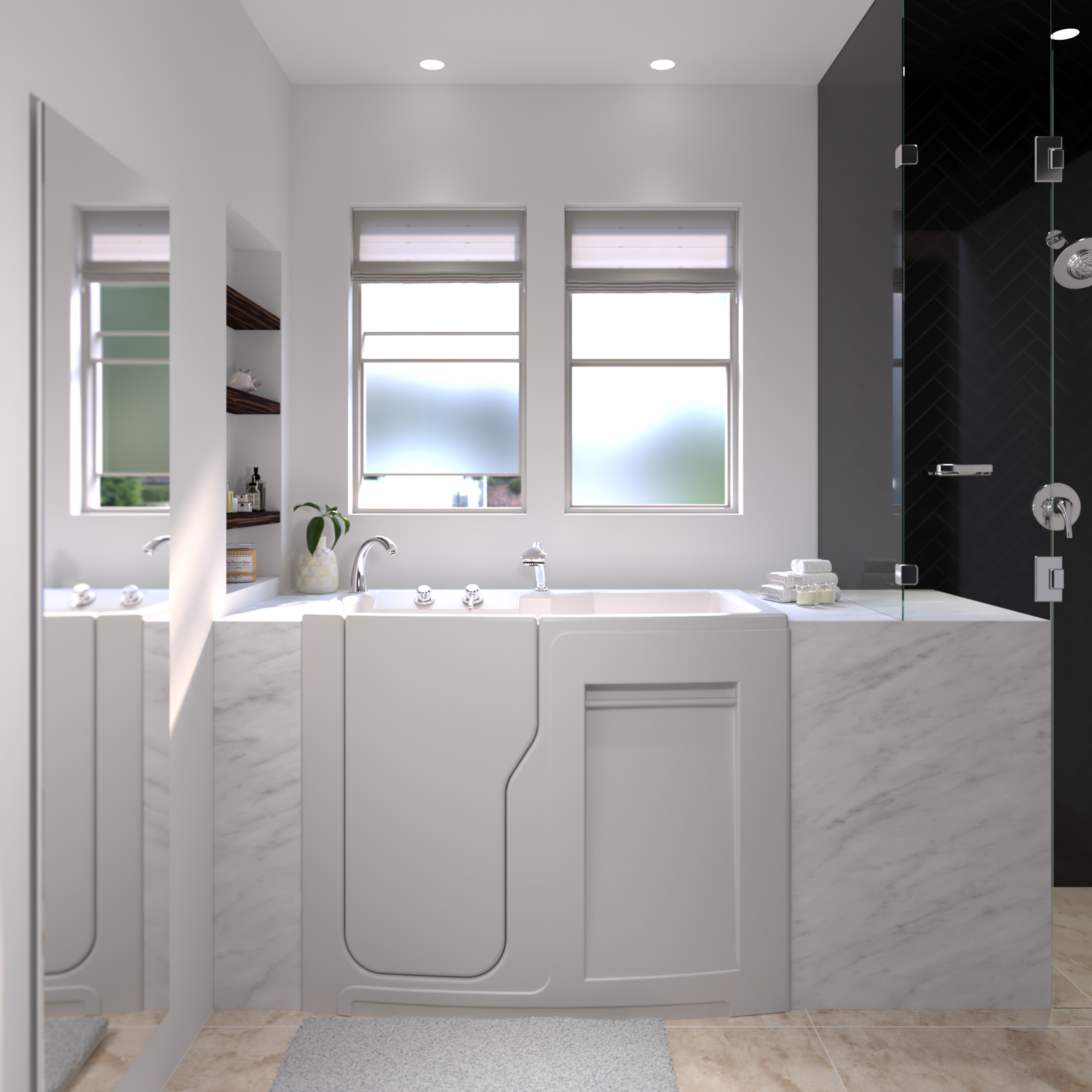 Walk-in tub with built-in seat and grab bars