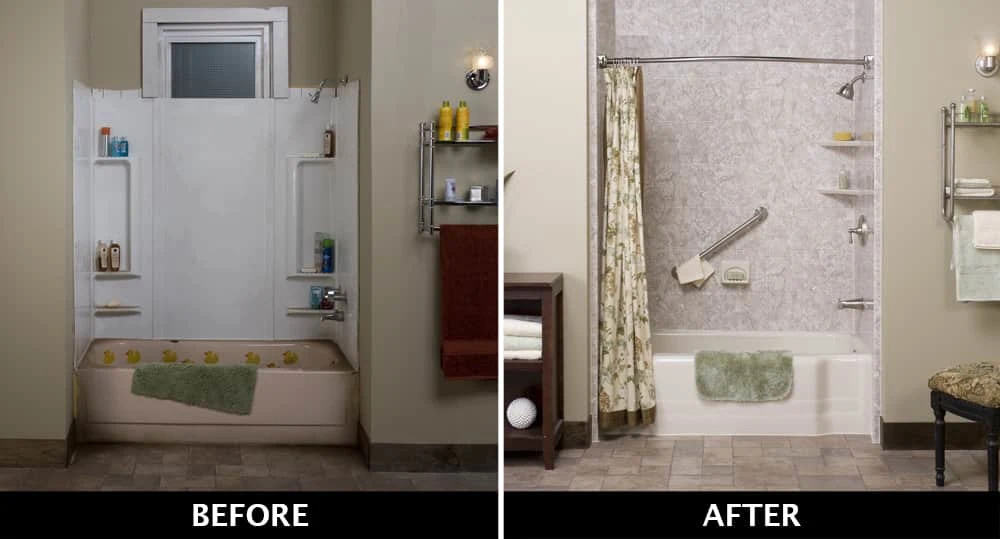 A side-by-side comparison of a shower with acrylic wall surrounds and a shower with fiberglass wall surrounds.