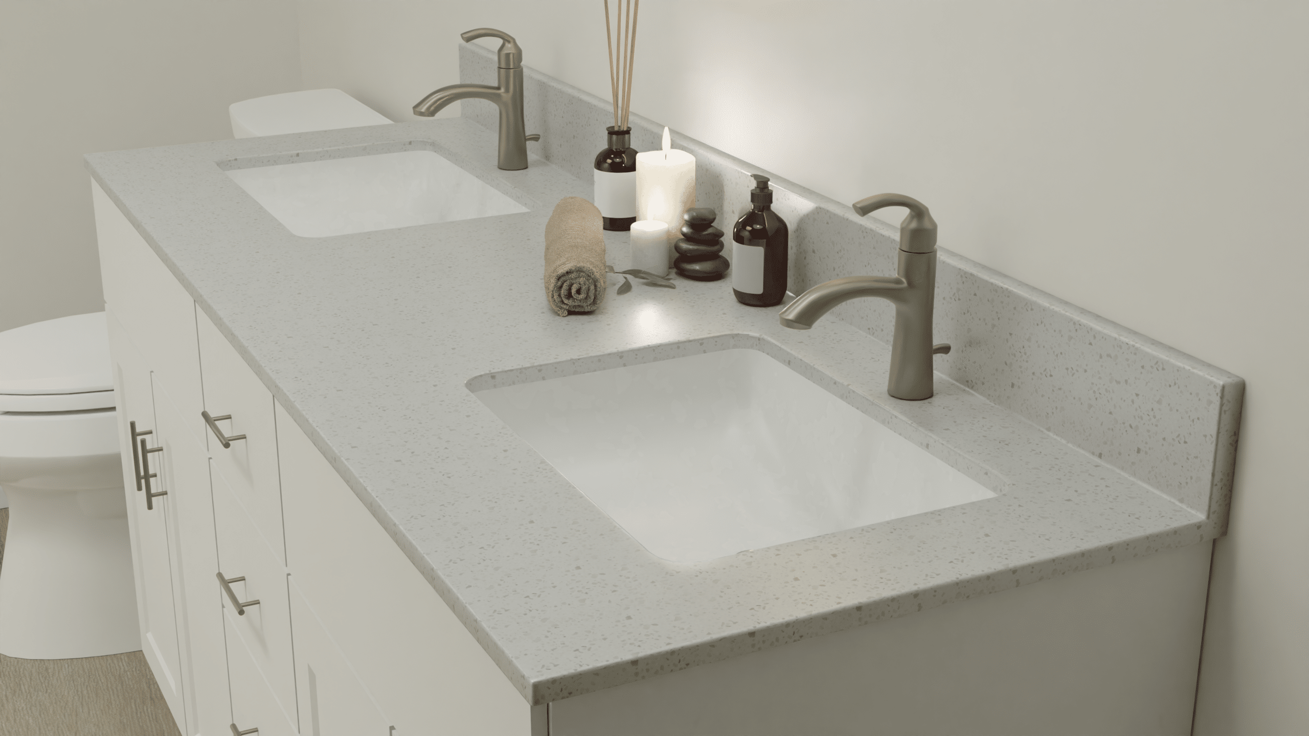 A newly-installed bathroom vanity complete with matte black faucets.