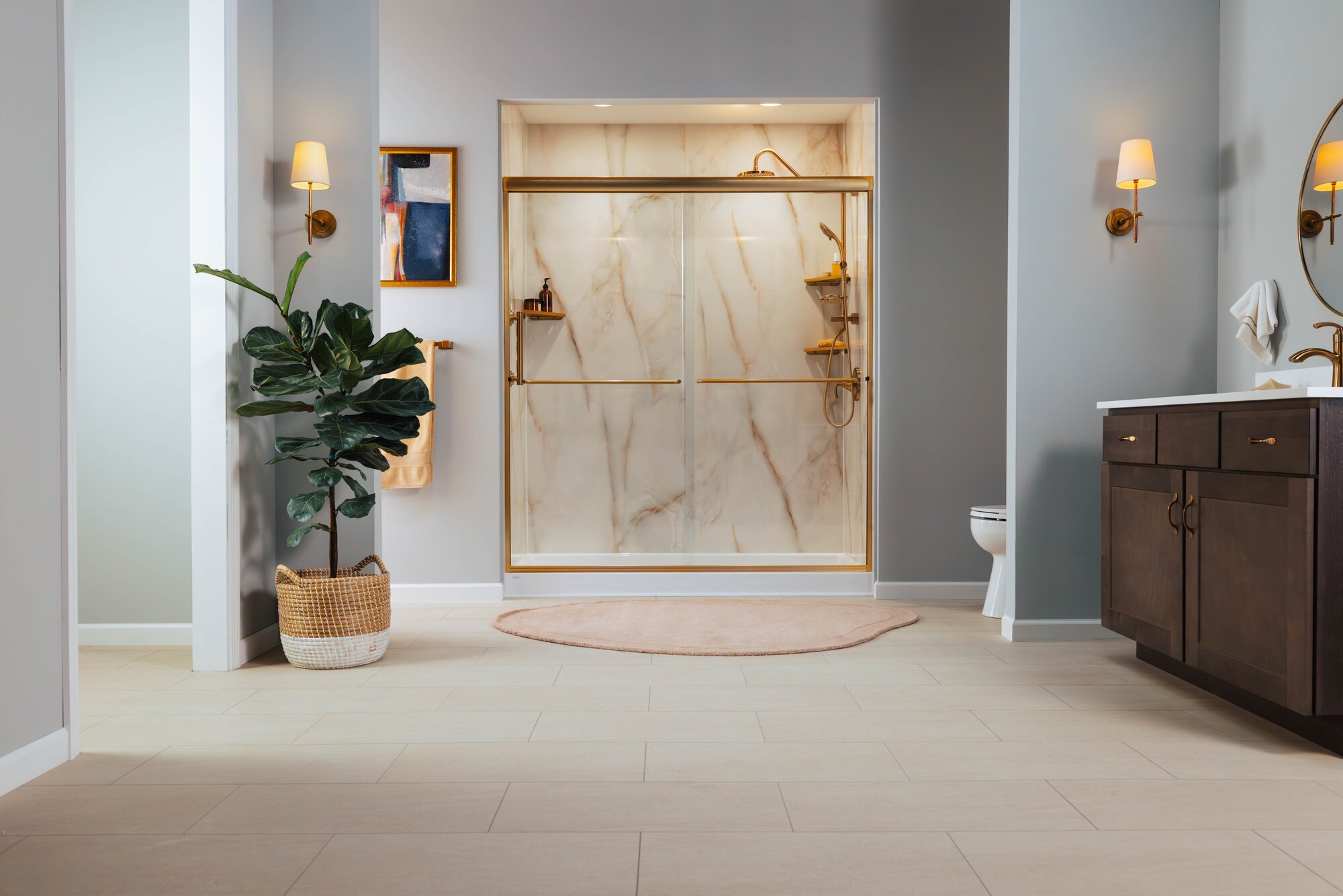 Riviera Marble walk-in shower with sliding glass door