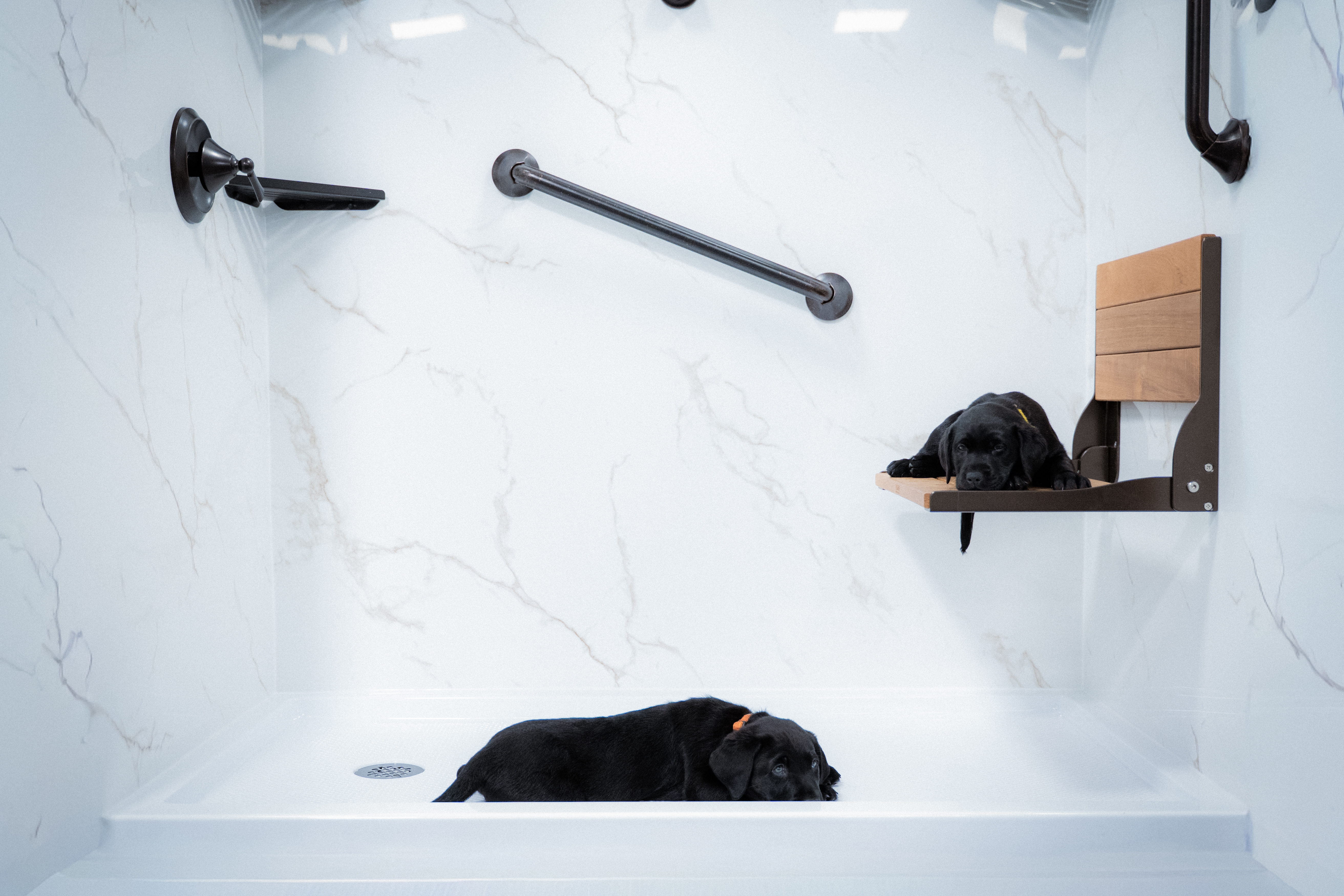 Bathroom safety features including grab bars and built-in seat