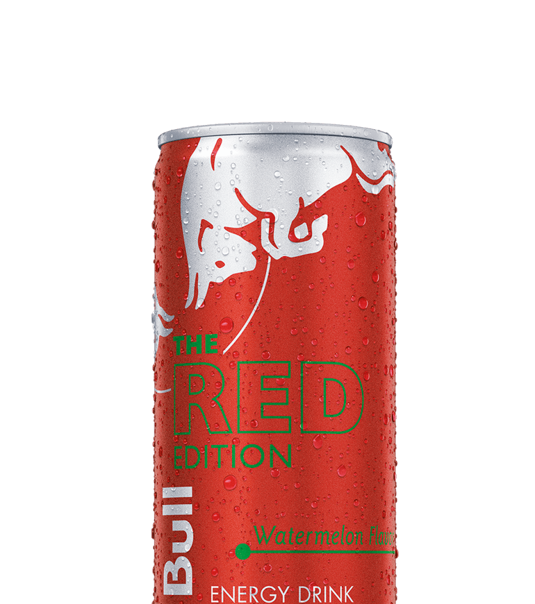 A chilled half can of Red Bull Red Edition