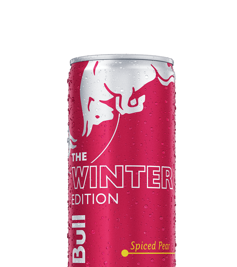 A half chilled can of Red Bull Winter Edition Spiced Pear