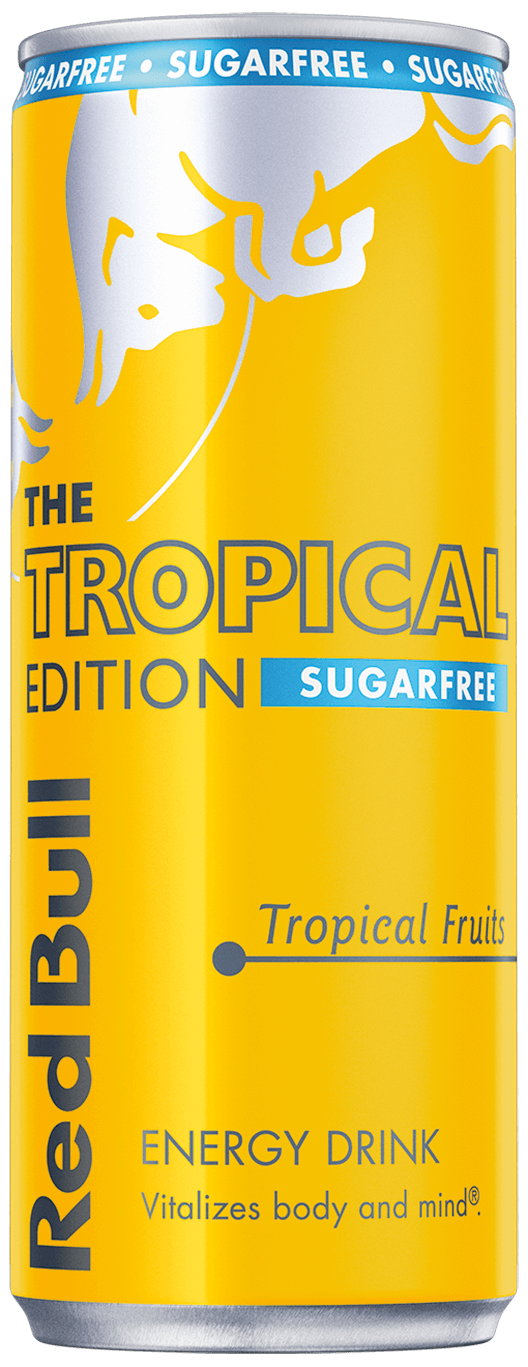 A chilled can of Red Bull Tropical Sugarfree Edition
